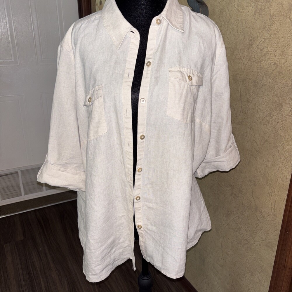 XL 100% Linen Natural Color Creamy Off White Button Up 3/4 Sleeve Tab Top Length
